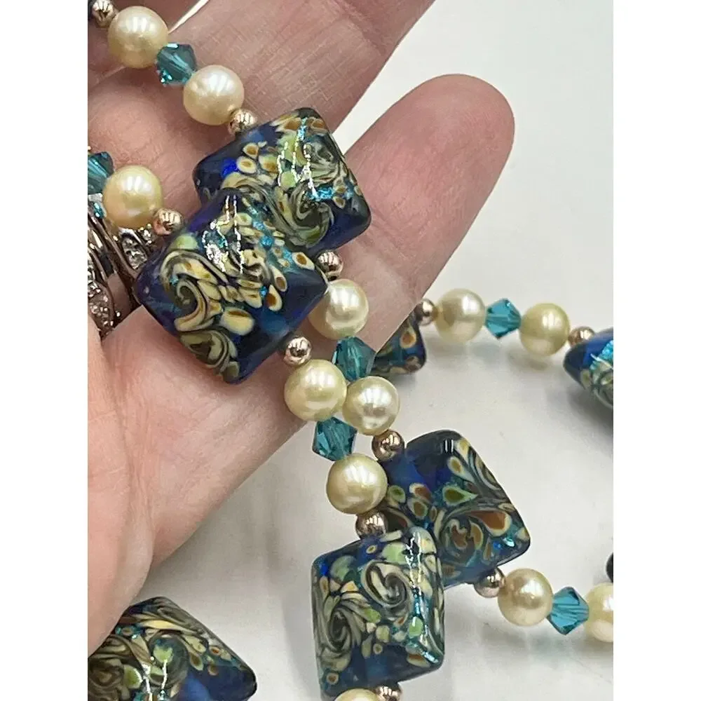 Murano Glass Necklace Sterling Silver Clasp Freshwater Pearls Blue Gold Van Gogh